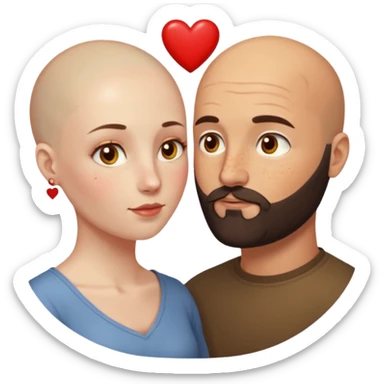 Couple. Bald man with dark brown-black beard. Woman with many small, faded, round, small freckles, white skin and she has auburn-yellow-brown dark hair. She has light yellow-brown eyes. He have hazel eyes. They look at each other. Many small red hearts around them. sticker