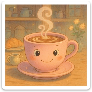 a pink mocha, cute and inviting, in Ghibli style sticker