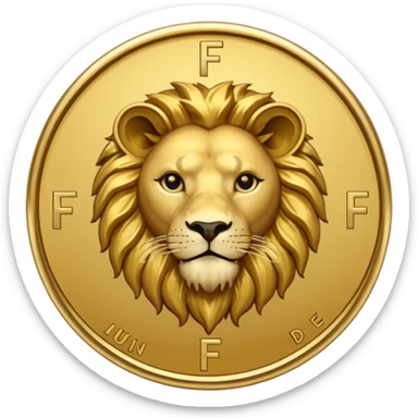 Fais un emoji de pièce d'or ronde avec l'inscription "F" dessus et un lion très détaillé gravé sur la pièce sticker