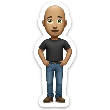 Standing bald man with a wine t-shirt with a pocket, jeans pants sticker