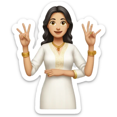 A lady with white kurti showing three fingers in one hand sticker