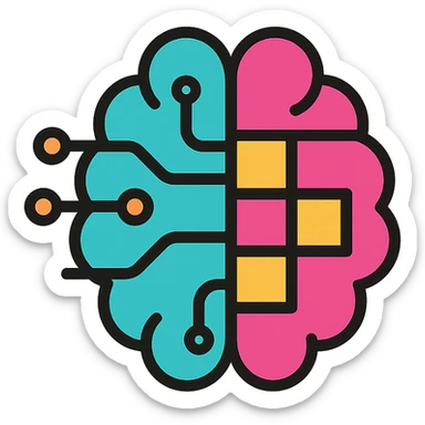 icon with a brain made of circuit lines representing AI on one side and a chessboard pattern representing strategy on the other side blending at the center in a sleek minimal style sticker