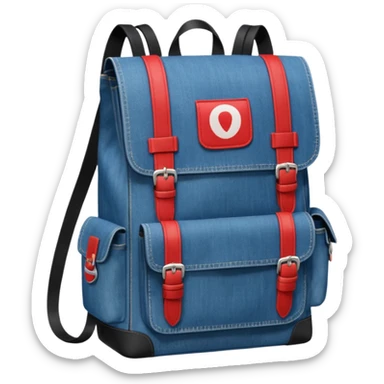 a blue denim backpack with a flap top, two vertical black buckle straps on the front. The backpack has two side pockets and a soft square shape. at front pocket bottom side, red and white two divided logo 

 sticker