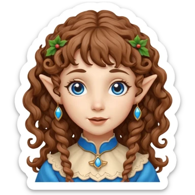Kind Girl toymaker wood carving elf. Blue eyes. brown (just below chin length) wavy curly hair & bangs. Whimsical playful  sticker