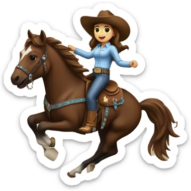 Cowgirl with brown hair on a bucking bronco sticker