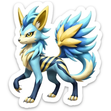 Feral Scaly Striking Slaying Badass Evil Handsome Lightning-patterned Zig-zagged buzzy fuzzy Meloetta-Renamon-Zeraora-Luxray-Cobalion-Suicune-Vernid-fusion-hybrid-creature, full body  sticker