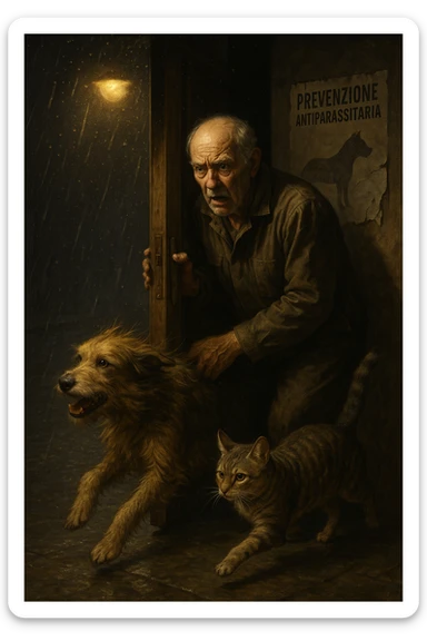 Un uomo anziano in tuta da lavoro, con espressione angosciata, tiene aperta la porta di casa mentre il suo cane (un meticcio a pelo lungo) e il gatto (soriano) scappano nella strada buia sotto la pioggia. Particelle di polvere/pulci fluttuano nell'aria illuminata dal lampione. Sullo sfondo, un poster strappato del veterinario con scritto 'Prevenzione antiparassitaria'. Stile fotorealistico, illuminazione Caravaggesca, toni grigi e ocra. in italiano sticker