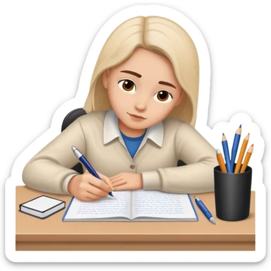 Person at desk writing an essay that begins with "Dear God" sticker