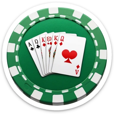 A photorealistic icon featuring playing cards and a stack of poker chips on a green felt table. Bright, detailed design with realistic textures and lighting. Transparent background, clearly symbolizing card games and strategy. sticker