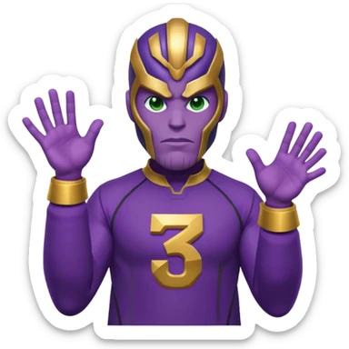 Emoji style T.O.P as Thanos, purple skin, powerful jaw, confident mischievous look, Squid Game Player 230 green tracksuit with number, subtle Infinity Gauntlet details on one hand, minimal, bold, bright, playful sticker