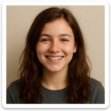 a girl with brown, slightly wavy hair, smiling, simple background sticker
