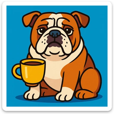 English Bulldog sitting patiently, holding a coffee cup, vibrant cartoon style sticker