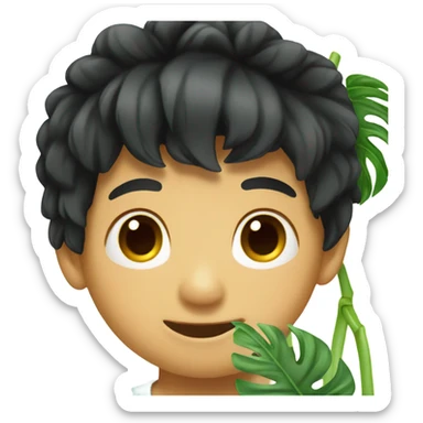 Asian boy with black hair holding monstera plant sticker