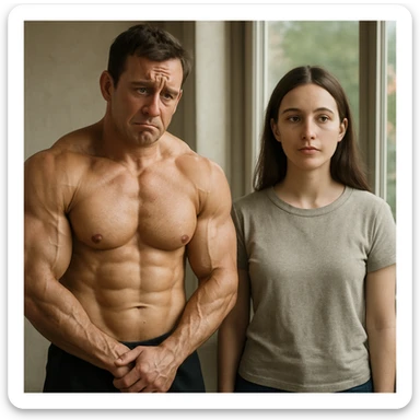 hyperrealistic muscular male bodybuilder standing next to a woman. The bodybuilder looks agitated, anxious, and insecure with a low self-esteem expression. The woman appears calm or neutral. Realistic environment with natural lighting and detailed features. sticker