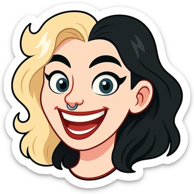 Edit the image in the style of a Telegram sticker. Show only the upper row of teeth when smiling, no white outline. Keep the head with hair, blue eyes, very pale skin, neat nose with piercing, and no background. sticker