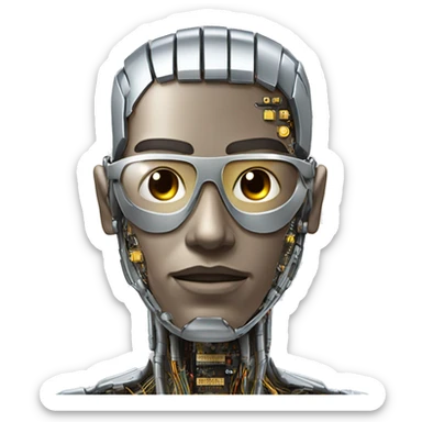Male cyborg head with metallic skin, flat top, rectangular glasses and circuits sticker