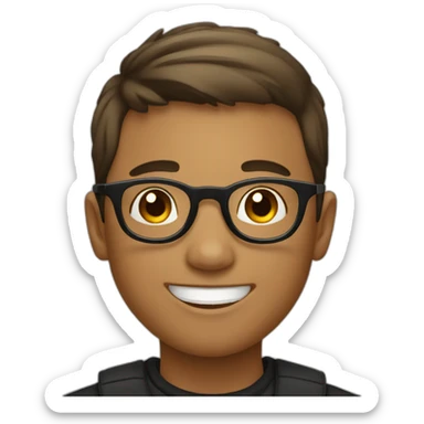 A smiling boy with short hair wearing black-rimmed round glasses sticker