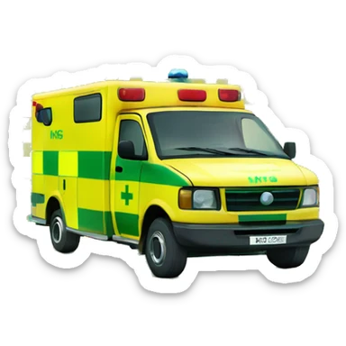 British NHS ambulance, yellow body, with green and yellow checkerboard print along the bottom. NHS logo on the side.  sticker