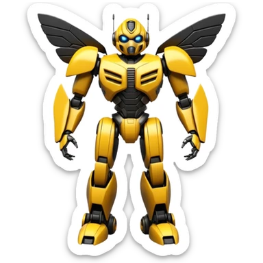 Futuristic robotic bumblebee character in the exact style of Bumblebee from Transformers movies, highly detailed 3D model sticker