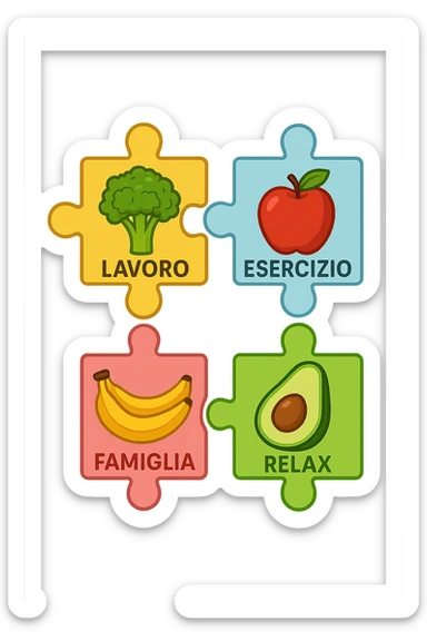 Puzzle (Lavoro, Esercizio, Famiglia, Relax), and healthy foods are integrated into each piece. in italiano sticker