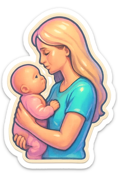 adult woman with long light hair holding a baby in her arms, gently looking at the baby, side view, thin clean outlines, soft rounded shapes, pastel palette, retro sticker aesthetic, detailed shadows and highlights, soft lighting sticker