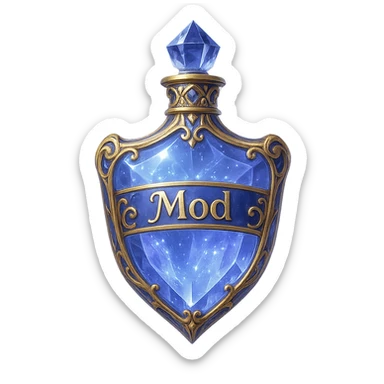 Crystal, exceptionally luxurious elixir bottle in shield shape, color #7986cb, with inscription 'Mod', enhanced glow, edges, ornaments, golden details, magical effects, unique shape accents, transparent background, beautiful seamless bottom, bottle clearly floating in air without base or shadow, very luxurious, modern, fits collection. sticker