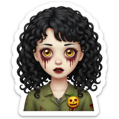 Emoji garota zombie com cabelo preto cacheado longo com franja cacheada sem volume sticker