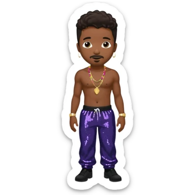 Stevie J, Record Producer with dark brown hair, black sequin baggy pants, shirtless with necklace sticker