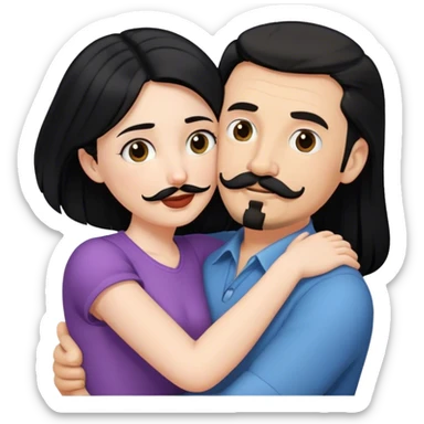 Tall white man with dark brown mustache and goatee hugging a short pale woman with long black hair sticker