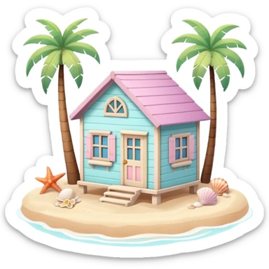 cute beach house, small seaside house, wooden walls, pastel colors, palm trees, seashells, warm sunlight, 3D cartoon, mobile game icon style, soft shadows, clean background, no text, no watermark
 sticker