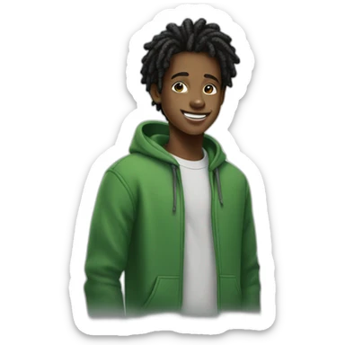 smiling black teenager boy with black locs wearing a green hoodie sticker