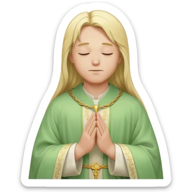 a young bishop, long blonde hair, light green wide, flowing outer robe. hands clasped together, eyes closed. Soft light, subtle fern. Waist-up, profile. sticker