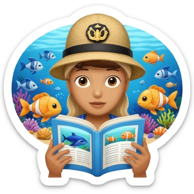 une personne qui lit un panneau afin d'en apprendre plus sur la vie marine  sticker