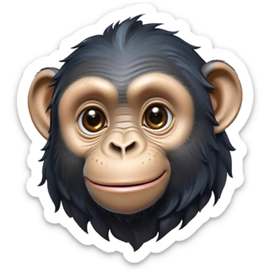 Cinematic Cute Chimpanzee Portrait Emoji, Head tilted playfully and inquisitively, with a smooth, expressive face accented by softly ruffled fur and round, sparkling eyes full of mischief, Simplified yet irresistibly adorable features, highly detailed, glowing with a warm, friendly glow, high shine, affectionate and lively, stylized with a touch of whimsical charm, soft glowing outline, capturing the essence of a mischievous yet loving chimpanzee that feels like it could leap out of the screen into your arms! sticker