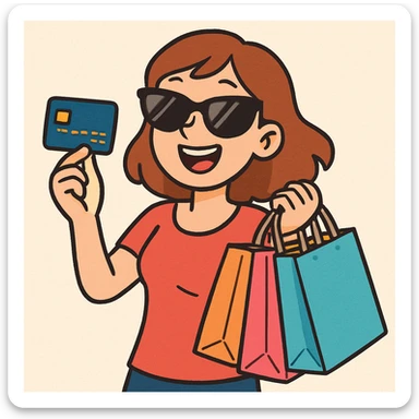 light skin woman with sunglasses, holding a credit card and shopping bags, cartoon style sticker