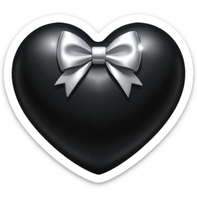 glossy black heart with a silver bow and heart pattern on the bow, in a puffy heart shape sticker