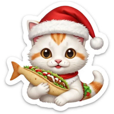 Happy Cute Kitten wearing a Santa hat and holding a fish taco  sticker