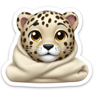 snow leapord cozy in beige blanket  sticker