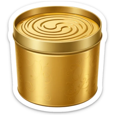 round metal tin, slightly open, with glossy golden wax inside, soft swirls on surface, no extras, soft lighting, subtle shadows, emoji scale sticker