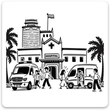 Busy Bangkok hospital exterior with ambulance and Thai architectural details sticker