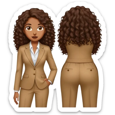 dark brown woman with medium brown long curly hair with middle part and an executive tan pant suit  sticker