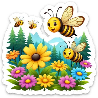 butterfly and bee flying near flowers in a forest, cheerful expressions sticker