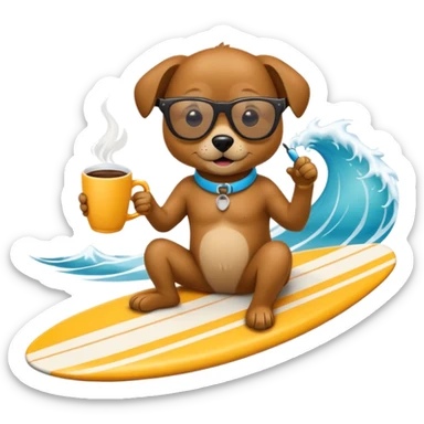 Un perro en una tabla de surf, suefeando una taza de café  sticker