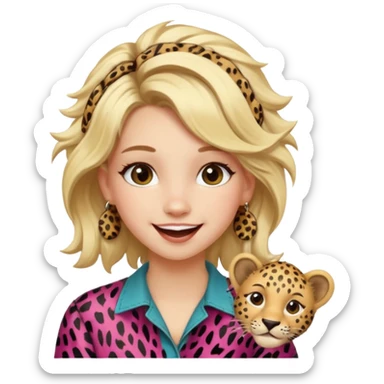 Une fille blonde et joyeuse. Elle porte une coiffure rock et originale avec des pinces pour cheveux  léopard et motif peau de vache. sticker