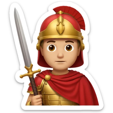 An emoji portrait of a Roman legionary soldier. He wears a helmet and a red tunic. His expression is stern and focused. He holds a short sword. sticker