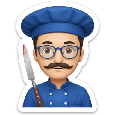 italian chef, blue uniform, with mustace, wearing glasses, holding knife sticker