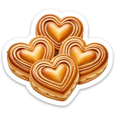 Cinematic crisp palmier, golden-brown heart-shaped pastries, perfectly caramelized layers, delicate and flaky, warm glowing background, inviting and delicious. sticker