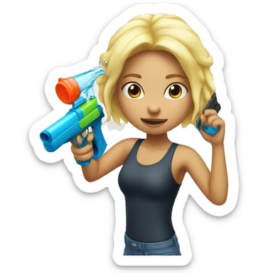Blonde girl shoots herself with a water gun sticker