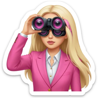 futuristic-looking woman with long hair in an intensive color pink suit looking through two-eyed binocular, viewed from an angled perspective sticker