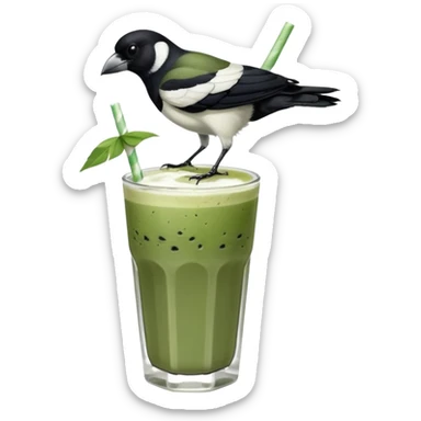 It’s an Australien Magpie (just black and white feathers) sitting on an iced matcha latte on the edge of the glass. It has green matcha on its beak indicating it drank. The iced matxha latte is in a see through glass and white from the oat milk on the bottom and green on top… one straw and ice cubes sticker